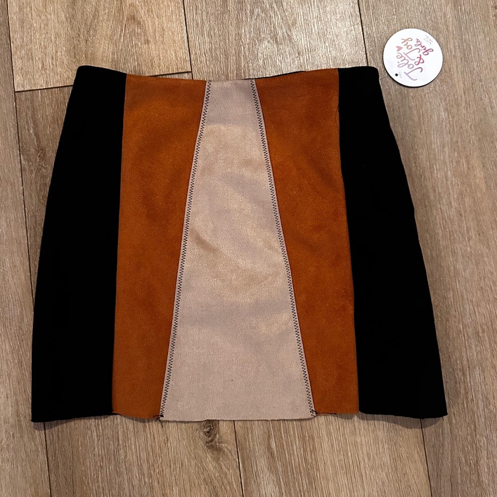 Jolie & Joy Girls Colorblock Faux Suede Mini Skirt Rust Black Tan Size L 14